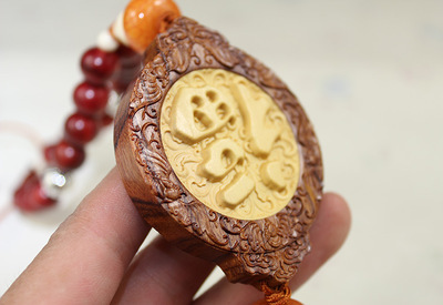 YB811 黃楊花梨木二合一木雕 福到平安牌汽車掛件內飾工藝品批發詳解
