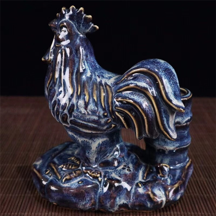 復古做舊古玩工藝品批發 探秘窯變藍釉錦雞圖紋筆筒擺件